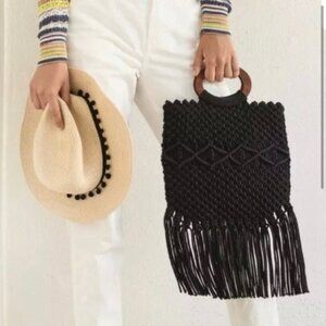 REVOLVE X DANIELLE NICOLE knit black fringe trim bag with wooden handles, boho